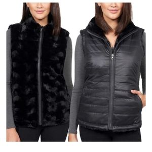 💕 NEW! Nicole Miller Faux Fur Reversible Black Zip Vest Jacket Medium